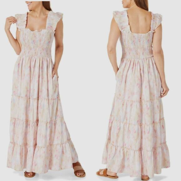 Melloday Sleeveless Pastel Watercolor Tiered Maxi Dress Spring Pockets Sz L NWOT - Picture 4 of 8